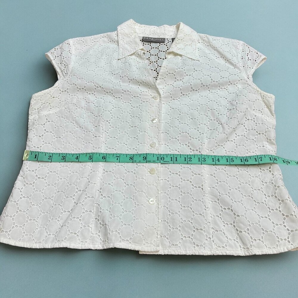 Kate Hill 14P Petite White Eyelet Lined Short Sleeve Button-Front Blouse - Picture 8 of 10